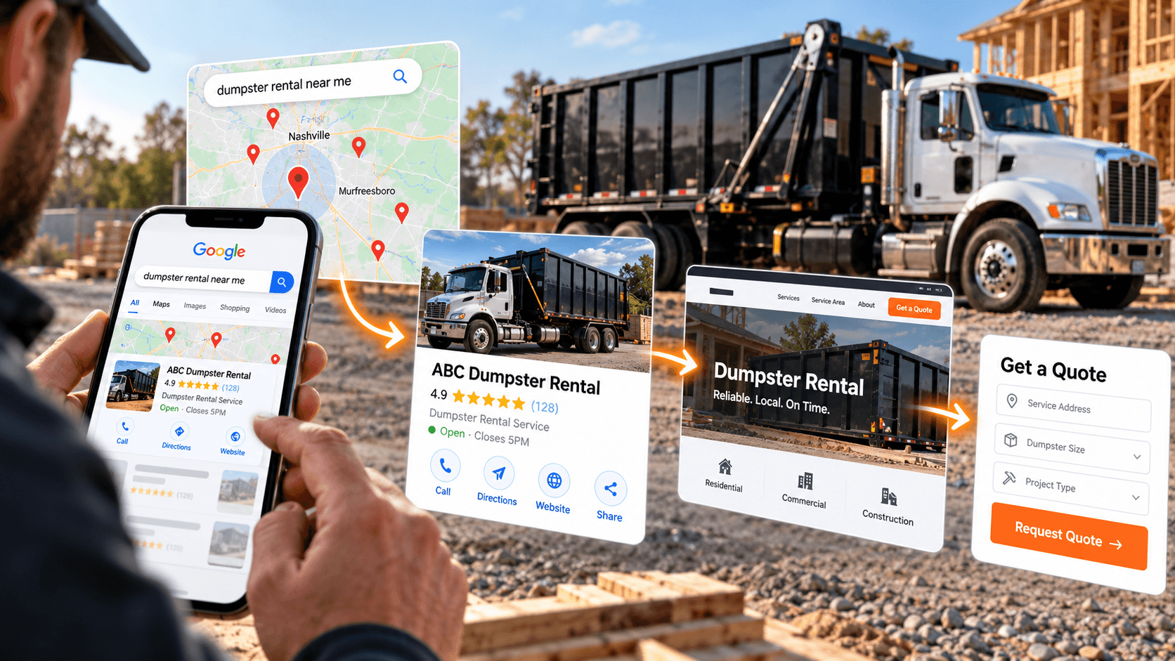 Dumpster rental local SEO workflow from Google search and Maps to website and quote request
